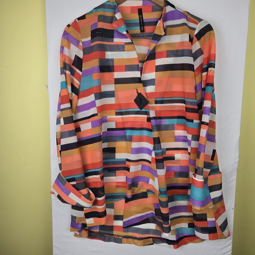 IC Connie K Colorful Mesh Top Artsy Shirt Sz M One Button Long Sleeve Whimsy